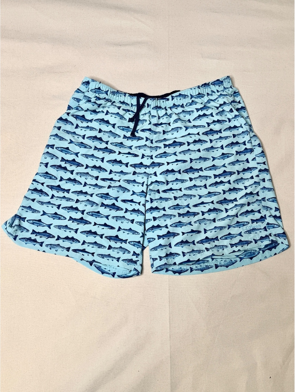 L.L.Bean Men’s Large Fish Print Swim Trunks Blue Mesh Lined Drawstring